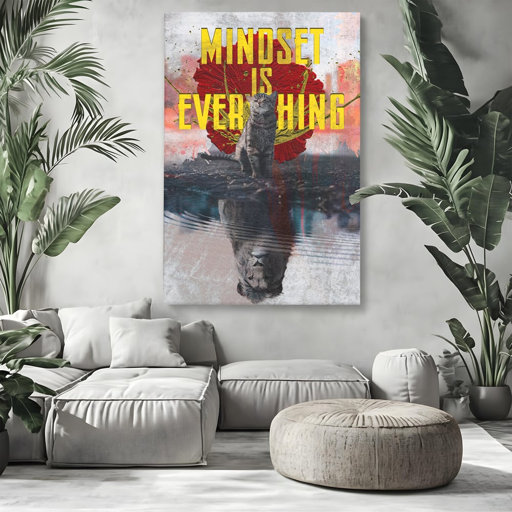 Tablou canvas cu tablou canvas motivatie cu pisica si leu, fara rama, pe sasiu de lemn, pe perete intr-un living